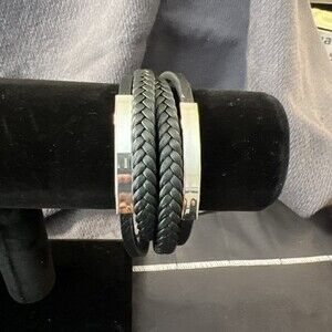 Men’s black braided leather bracelet with a metal clasp